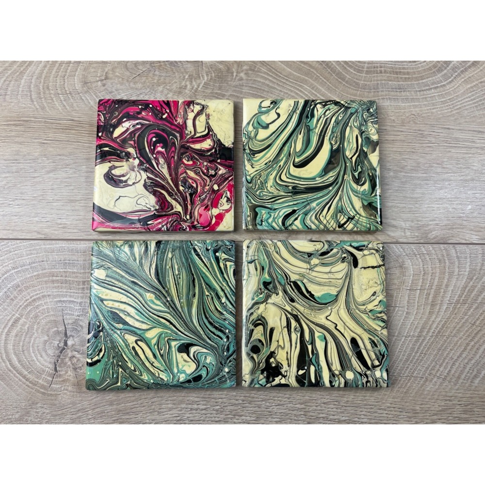 Vintage Painted Marble Swirl Design 4" Fluid Art Ceramic Tiles 80s 90s Set of 4